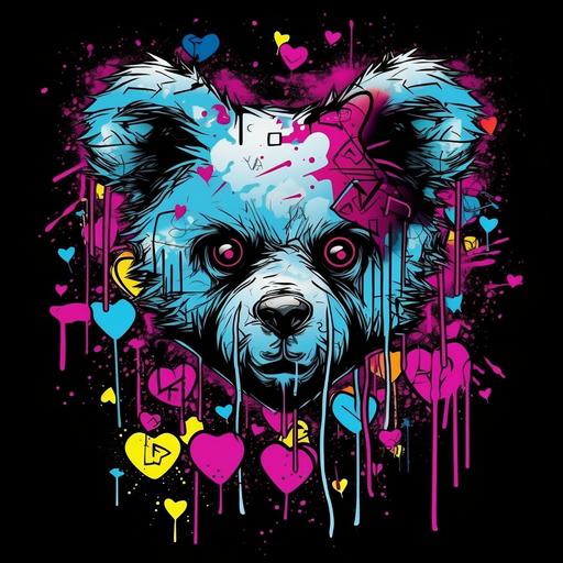 Angry teddy bear, cartoon-like drawing, with a big broken heart in the middle, Graffiti, Urban Art, Bold Colors, Abstract Expressionism, synth-wave:: t-shirt vector, center composition graphic design, plain background::2 mock-up::-2 --upbeta --ar 1:1