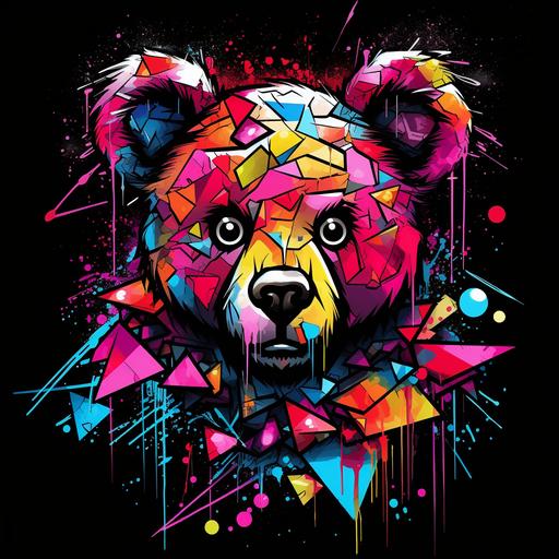 Angry teddy bear, cartoon-like drawing, with a big broken heart in the middle, Graffiti, Urban Art, Bold Colors, Abstract Expressionism, synth-wave:: t-shirt vector, center composition graphic design, plain background::2 mock-up::-2 --upbeta --ar 1:1