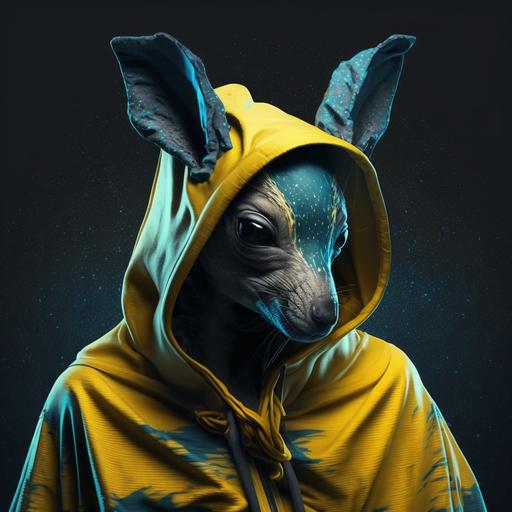 Animal in hoodie with ears on hood blue and yellow colours --v 4
