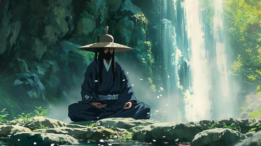 Animated Musashi meditating beside a waterfall, 90's anime style --ar 16:9 --v 6.0