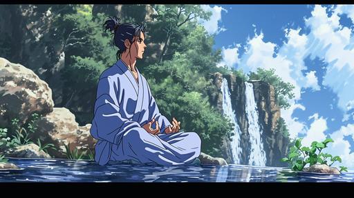 Animated Musashi meditating beside a waterfall, 90's anime style --ar 16:9 --v 6.0