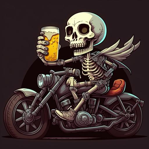 Animated baby skeleton drinking beer on a motorcycle on the highway