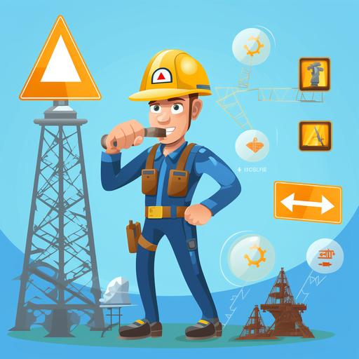 Animated character, Engineer, Blue work uniform, Safety helmet, High voltage tower, Electric company, Danger sign, Do not touch, Warning signs, Cool color palette. --s 50 --style raw