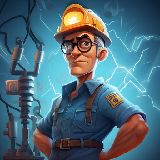 Animated character, Engineer, Blue work uniform, Safety helmet, High voltage tower, Electric company, Danger sign, Do not touch, Warning signs, Cool color palette,simple. --v 5.2