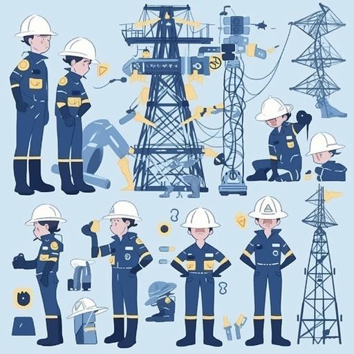 Animated character, Engineer, Blue work uniform, transmission line，iron tower，Safety helmet, High voltage tower, Electric company, Danger sign, Do not touch, Warning signs, Cool color palette --s 50 --niji 5 --style cute