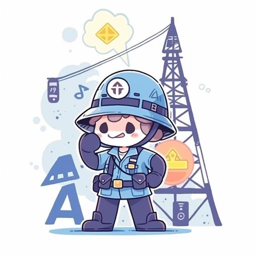 Animated character, Engineer, Blue work uniform, transmission line，iron tower，Safety helmet, High voltage tower, Electric company, Danger sign, Do not touch, Warning signs, Cool color palette --s 50 --niji 5 --style cute