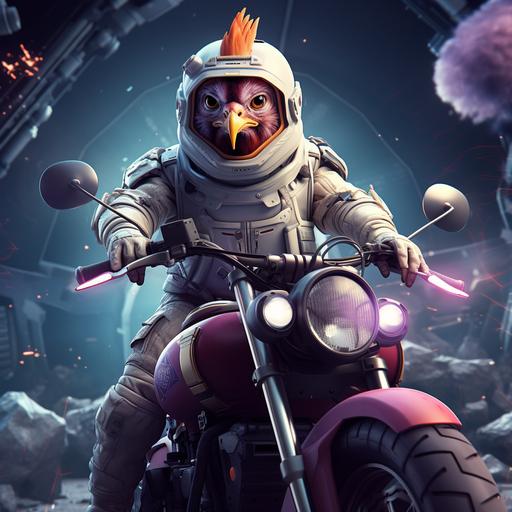 Animated chicken, dressed as an astronaut, on top of a scooter center of the image, interstellar background, 2d style