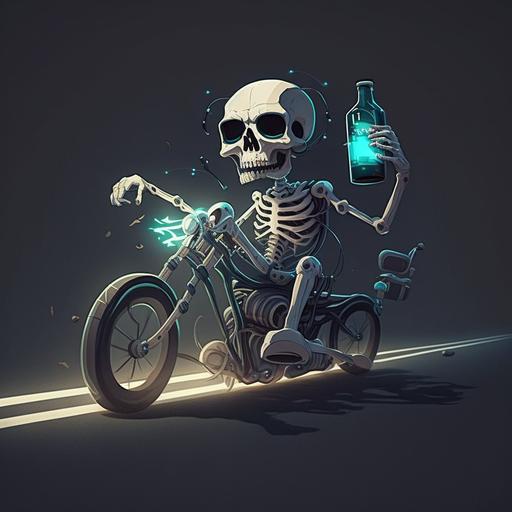 Animated party baby skeleton drinking beer on a motorcycle on a highway