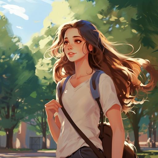 Animation, girl-girl love, high school students, pure and beautiful youth, A pretty girl with long hair, walking through the park. Park, green trees and blue sky, gently blowing wind, handsome boy, happiness, loveliness,