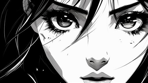 Anime Posters. Manga girl closeup face in black and white fighter Japanese or Korean style retro character. Asian teen t-shirt design print or tattoo graphics vector cartoon poster or banner. focus eyes --ar 16:9