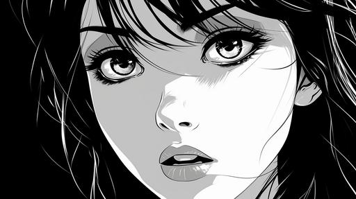 Anime Posters. Manga girl closeup face in black and white Japanese or Korean style retro character. Asian teen t-shirt design print or tattoo graphics vector cartoon poster or banner. focus eyes --ar 16:9