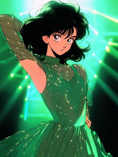 Anime, a 1980s black haired American starlet in a nightclub, a Green wireframe hologram dress that protrudes out in a 3D style over her black jumpsuit, her eyes closed as she sways on the dance floor, brown eyebrows --ar 3:4 --niji 5