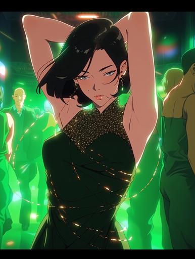 Anime, a 1980s black haired American starlet in a nightclub, a Green wireframe hologram mesh dress that sticks out in a 3D style over her black jumpsuit, her eyes closed as she sways on the dance floor, brown eyebrows --ar 3:4 --niji 5