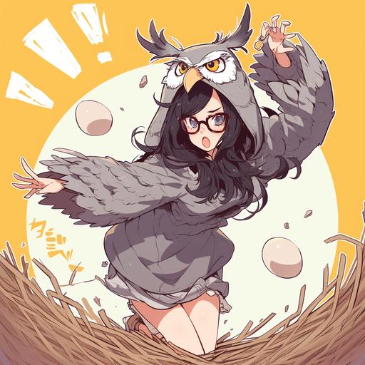 Anime, a beautiful mom-bod woman in a ridiculous horned owl kigu, the hoodie looks just like a horned owl face, the actual face of the woman cute with freckled skin and black straight hair, around her is a giant nest that she's dancing around in, giant eggs cracked in background --niji 6