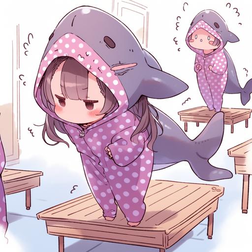 Anime, a brown haired side braid woman dressed in a whaleshark kigu, the hood looks just like the face of a whaleshark, she's trying to dance awkwardly, wearing pink pajamas, the woman's face sweating and red, her eyes big and expresive, room she's in has a purple yoga mat she's standing on and wood slat flooring, minimalistic decor --niji 5