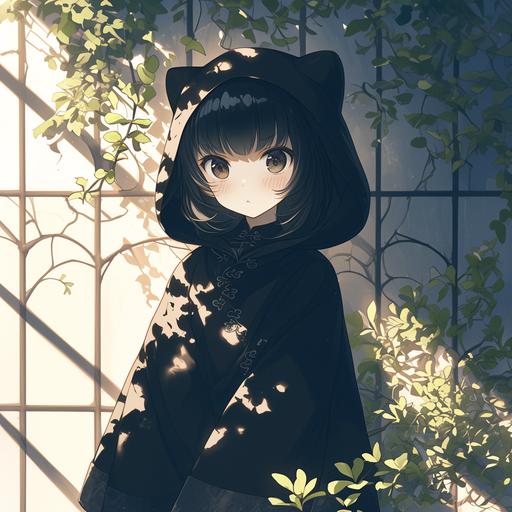 Anime art, a cute anime girl wearing a dendrobium kigu, it has a ridiculous dendrobium hood on the kigu, the girl's actual face cute and round with a slight pout, her eyes deep black and really oval, the background is an atrium that goes well with her dendrobium kigu attire --niji 6