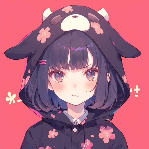 Anime art, a cute anime girl wearing a dendrobium kigu, it has a ridiculous dendrobium hood on the kigu, the girl's actual face cute and round with a slight pout, her eyes deep black and really oval --niji 6