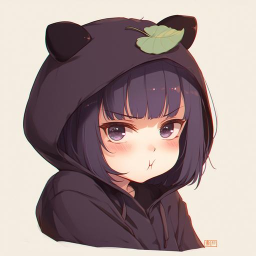 Anime art, a cute anime girl wearing a dendrobium kigu, it has a ridiculous dendrobium hood on the kigu, the girl's actual face cute and round with a slight pout, her eyes deep black and really oval --niji 6