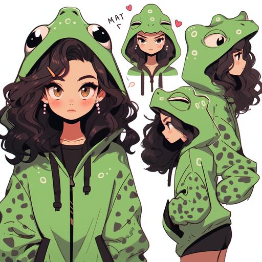 Anime, before an aquarium tank a modelling session, a short svelte medium tan Latina starlet, wearing a designer amphibian kigu with the hoodie looking like a frog's face, the Latina has a triangle face, round short chin, pencil thinned eyebrows, brown eyes with heavy gothic eyeliner, hollow cheeks, big red lips --niji 5