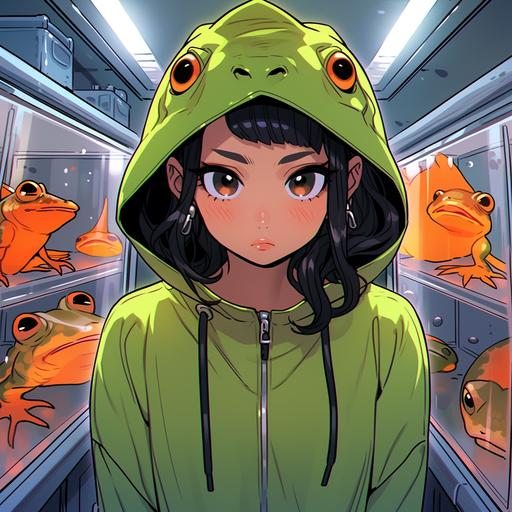 Anime, before an aquarium tank a modelling session, a short svelte medium tan Latina starlet, wearing a designer amphibian kigu with the hoodie looking like a frog's face, the Latina has a triangle face, round short chin, pencil thinned eyebrows, brown eyes with heavy gothic eyeliner, hollow cheeks, big red lips --niji 5