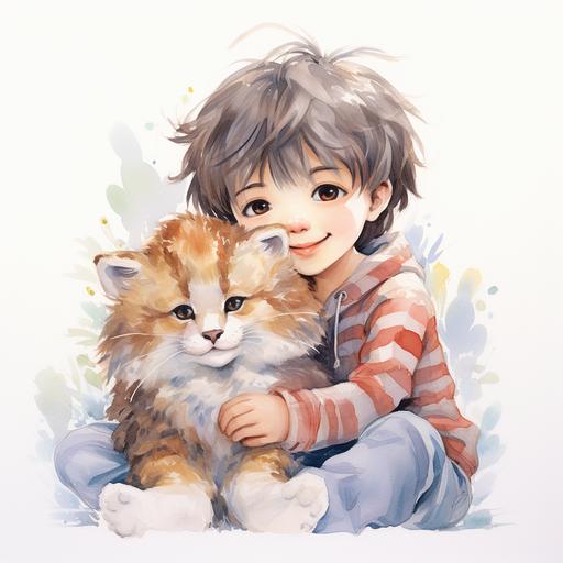 Anime cartoon animal, feeling safe, joy, happy, watercolor illustration, emotive painting, detailed illustrations, hand-painted details, white background, watercolor details