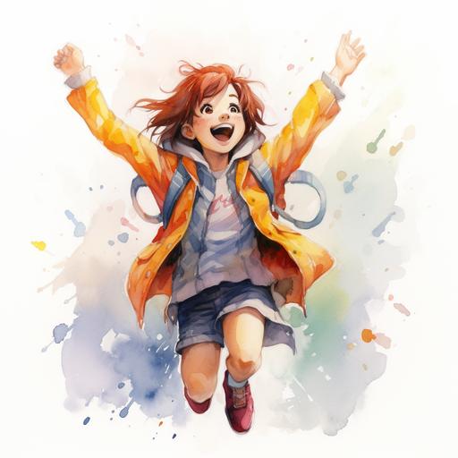 Anime cartoon character feeling safe, joy, happy, watercolor illustration, emotive painting, detailed illustrations, hand-painted details, white background, watercolor details