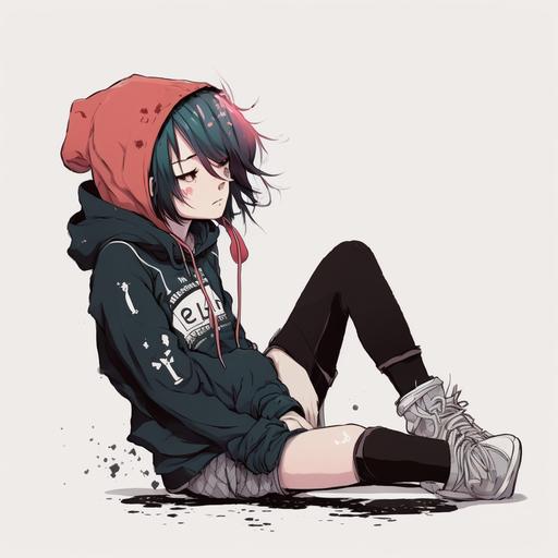 Anime emo girl, year 2008, lying down on her back, wearing a hoodie, converse trainers, full body side profile, 4k, anime drawing, female --q 0.5 --v 4