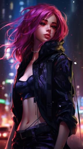 Anime girl, long styled vibrant purplish red hair, dynamic pose, black top crop, goth, blurry night neon city, intricate details --v 5.1 --ar 9:16