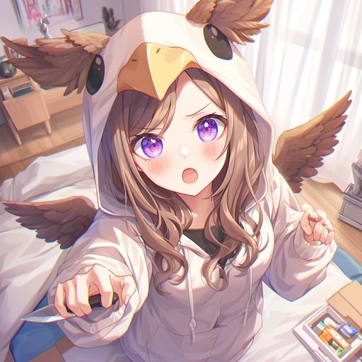 Anime, in a bedroom, a cute brown haired Japanese woman in a archaeopteryx kigu, the kigu has a hood that even looks like the face of a archaeopteryx with goofy eyes, the real eyes of thr woman wearing the kigu are expressive and purple, she is holding a box cutter in one hand and a package in the other, her curtains flutter in the wind --niji 6