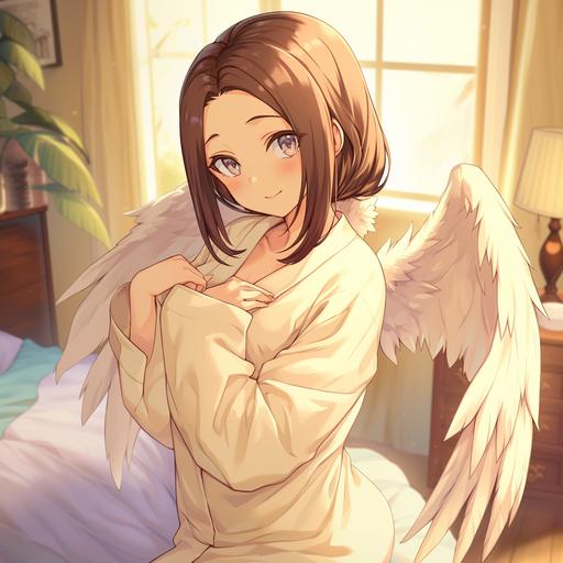 Anime, in a bedroom, a cute brown haired Japanese woman in a archaeopteryx kigu --niji 6