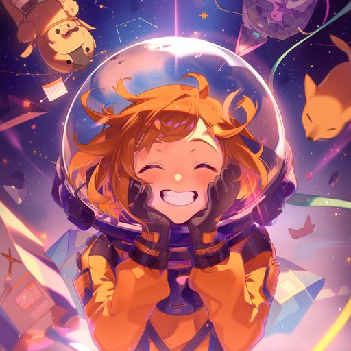 Anime, inside a Kelimutu, crazy stuff happening with rhythmic beats and dogs flying in space suits, cute Moe anime girl in the center of the image laughs a belly laugh, trying to cover her face with her hands as she laughs, big mouth in Jack-o'-lantern style grin --niji 6