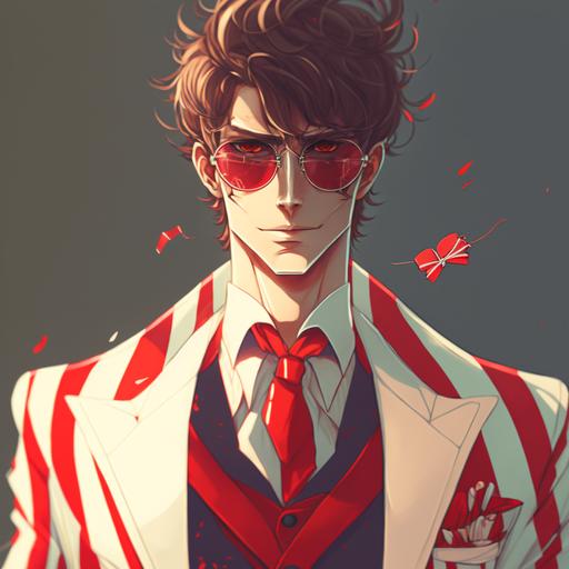Anime man with red and white tuxedo and candycane sunglasses