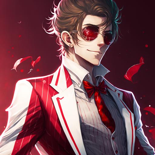 Anime man with red and white tuxedo and candycane sunglasses