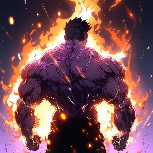 Anime muscle anime inpired on famous anime at the gym dark silhouette muscle Brazilian phonk music artwork glowing lights and flames around the character anime purple and orange character against a light scene dynamic scene close - up intensity, 4k quality, transparent bbackground --niji 5
