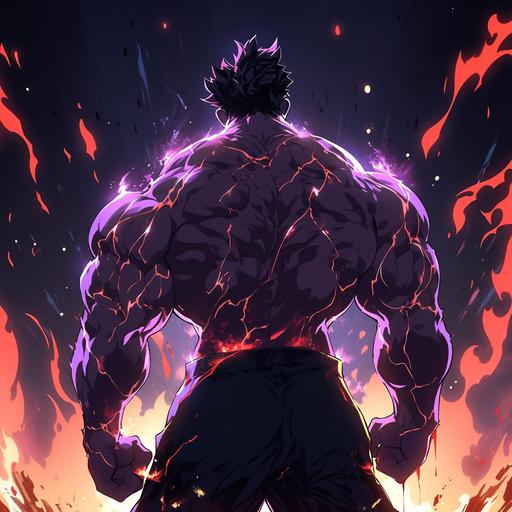 Anime muscle anime inpired on famous anime at the gym dark silhouette muscle Brazilian phonk music artwork glowing lights and flames around the character anime purple and orange character against a light scene dynamic scene close - up intensity, 4k quality, transparent bbackground --niji 5