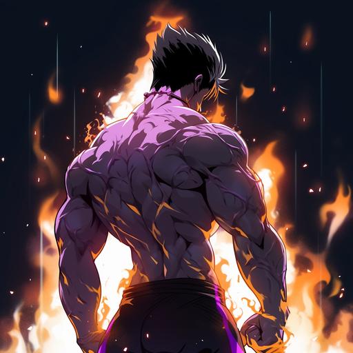 Anime muscle anime inpired on famous anime at the gym dark silhouette muscle Brazilian phonk music artwork glowing lights and flames around the character anime purple and orange character against a light scene dynamic scene close - up intensity --niji 5