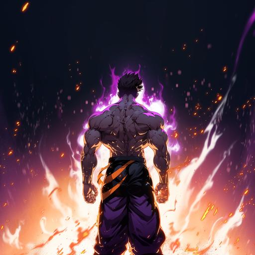 Anime muscle anime inpired on famous anime at the gym dark silhouette muscle Brazilian phonk music artwork glowing lights and flames around the character anime purple and orange character against a light scene dynamic scene close - up intensity --niji 5