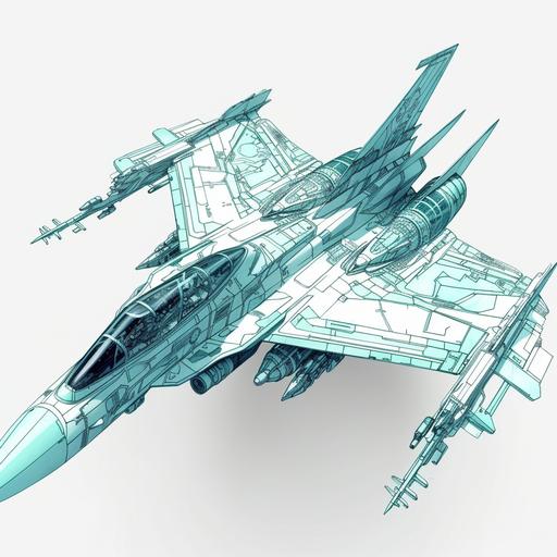 32K. Anime style, FIGHTER, JET , turquoise COLOR, white background, cinematic lightning,TOP VIEW ,ultra epic detail ,abstract, tatical.--ar 16:9 --v 5