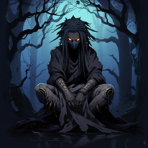 Anime style, Naruto style character/ black skin ninja with dreadlocks/ gray mask/ white hood/ ancient tattoos, with ancient powers that resemble that of a ten tailed crocodile demon, with talons like weapons, sitting on a tree, night time