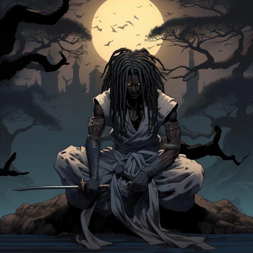 Anime style, Naruto style character/ black skin ninja with dreadlocks/ gray mask/ white hood/ ancient tattoos, with ancient powers that resemble that of a ten tailed crocodile demon, with talons like weapons, sitting on a tree, night time