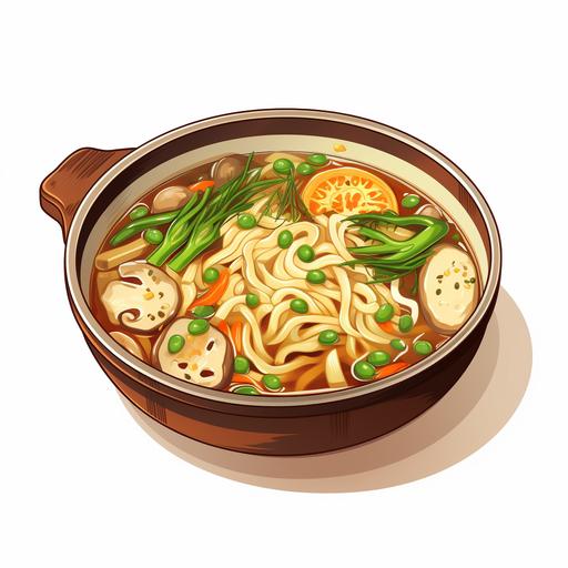 Anime style illustration of a miso soup stew with flat udon noodles and vegetables,white background,no chopsticks