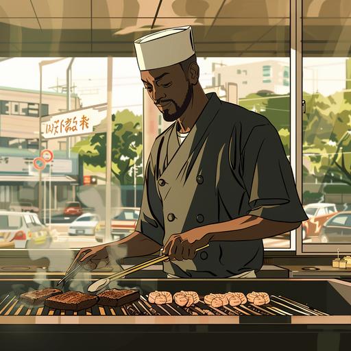 Anime style of late 2010s modern contemporary environment of chef, of African American descent, cooking at a hibachi grill, making eye contact while cooking, with steak, shrimp and chicken. Have the chef with windows in back of him and the background be a typical Tokyo suburb area with light traffic. he can be a in a restaurant in midafternoon time of day, keep the perspective about 5 feet away from the grill.