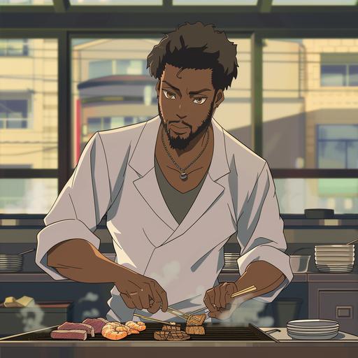 Anime style of late 2010s modern contemporary environment of chef, of African American descent, cooking at a hibachi grill, making eye contact while cooking, with steak, shrimp and chicken. Have the chef with windows in back of him and the background be a typical Tokyo suburb area with light traffic. he can be a in a restaurant in midafternoon time of day, keep the perspective about 5 feet away from the grill.
