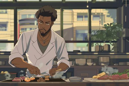 Anime style of late 2010s modern contemporary environment of chef, of African American descent, cooking at a hibachi grill, making eye contact while cooking, with steak, shrimp and chicken. Have the chef with windows in back of him and the background be a typical Tokyo suburb area with light traffic. he can be a in a restaurant in midafternoon time of day, keep the perspective about 5 feet away from the grill. --ar 3:2
