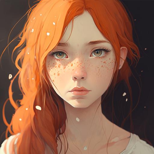 Anime style sad girl, freckles