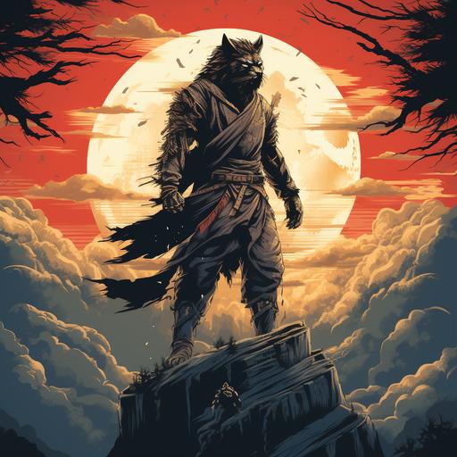 Anime werewolf/samurai standing on a mountaintop howling at the moon
