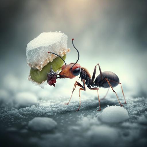 Ant carrying food in the cold weather next to the grasshopper