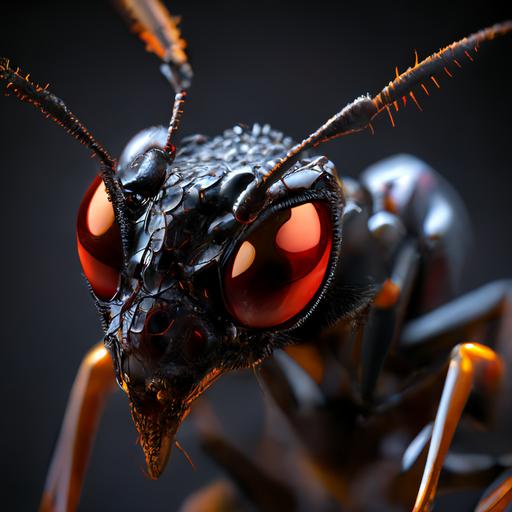 Ant head close up, red eyes, symetrical, dark background, super realistic, ray tracing