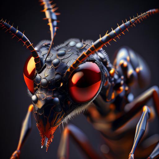 Ant head close up, red eyes, symetrical, dark background, super realistic, ray tracing