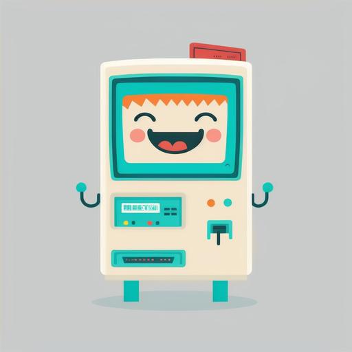 Anthropomorphic ATM cartoon character logo. Retro inspired. Flat. Clean. Vector. White background. Smiling.